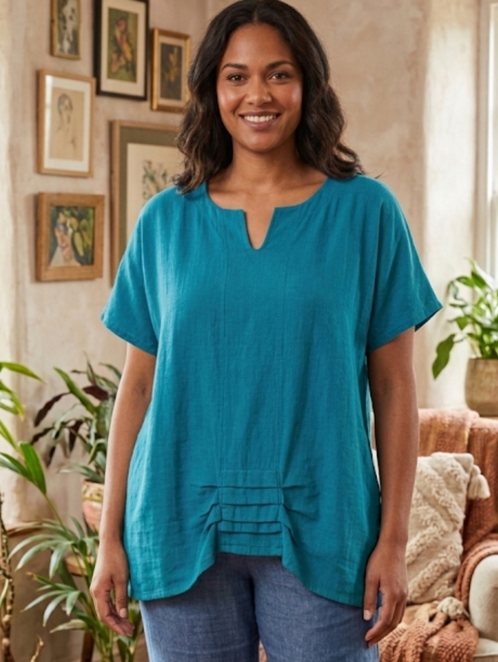 Oh My Gauze! Teal Cotton Pintuck Dolman Sleeve Lagenlook Top Size XL